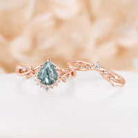 Moss Aagte Nature Inspired Pear Cut Engagement Ring Set Leaf Design Rose Gold