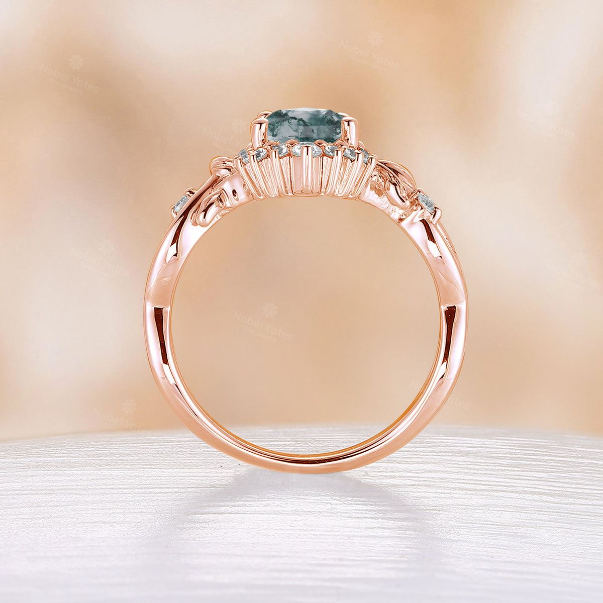 Nature Inspired Pear Moss Agate Rose Gold Engagement Ring Twist Band