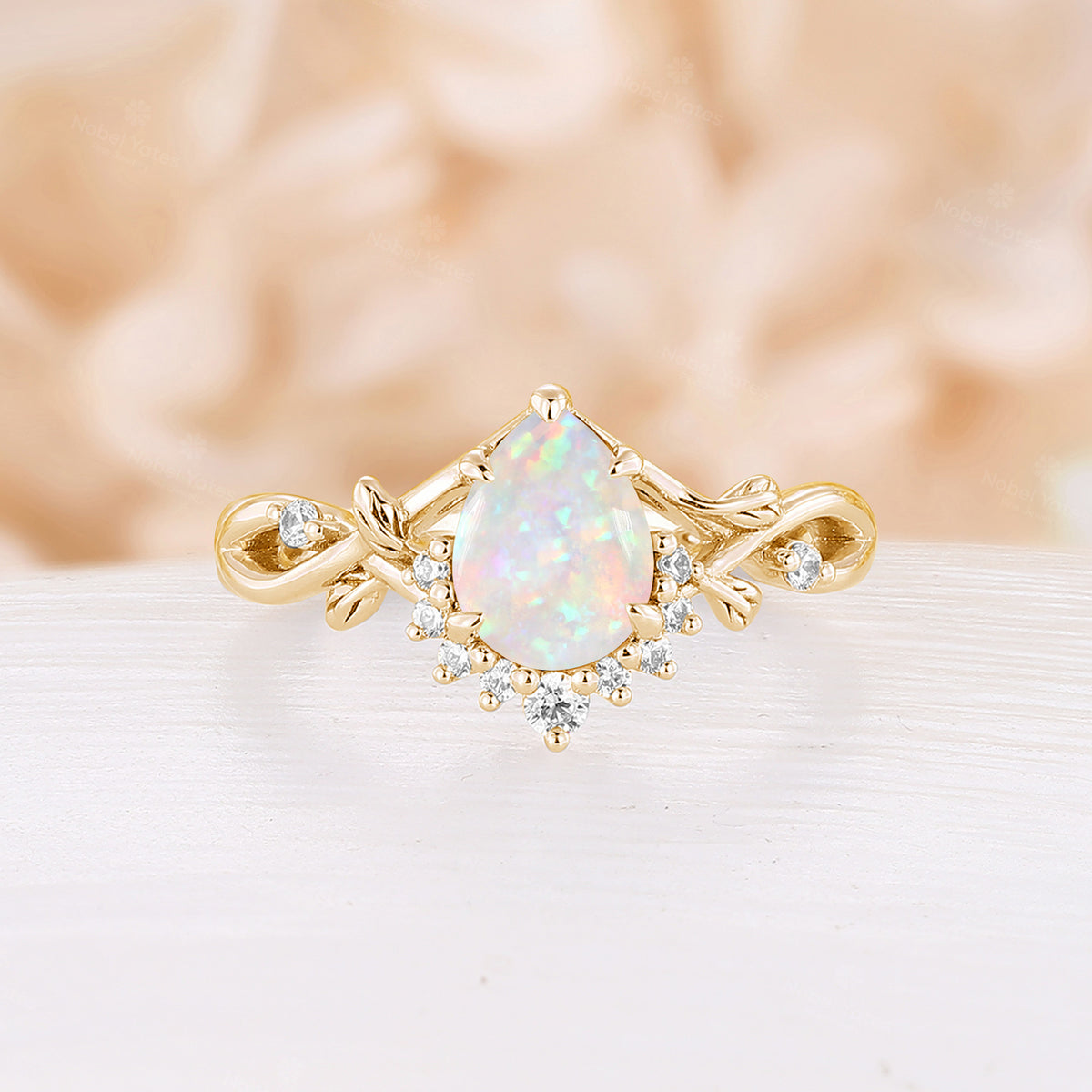 Pear White Opal Nature Inspired Rose Gold Engagement Ring Twist Band