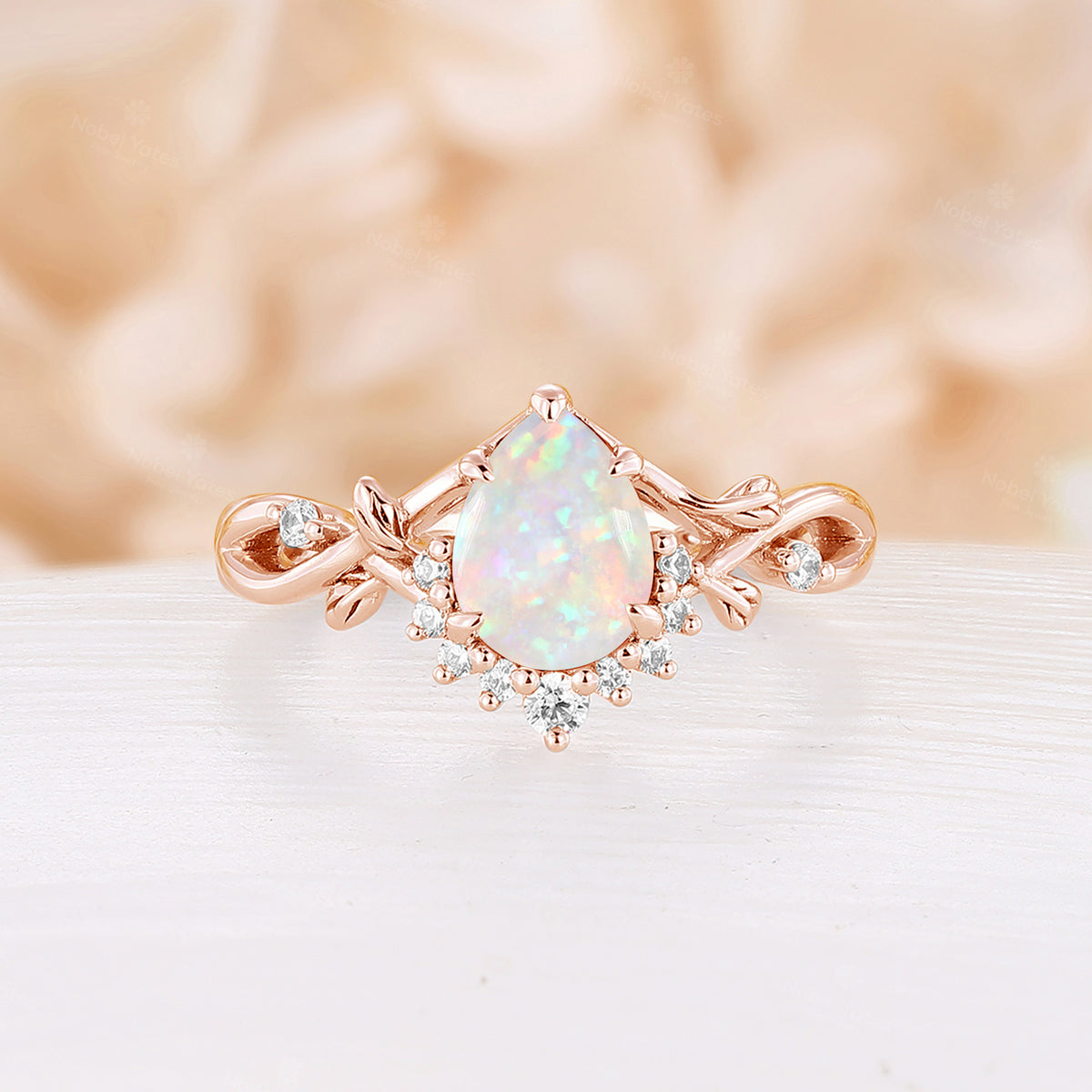All White Opal Pear Cut Engagement Ring Set Leaf Nature Inspired