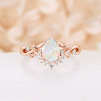 Pear White Opal Nature Inspired Rose Gold Engagement Ring Twist Band