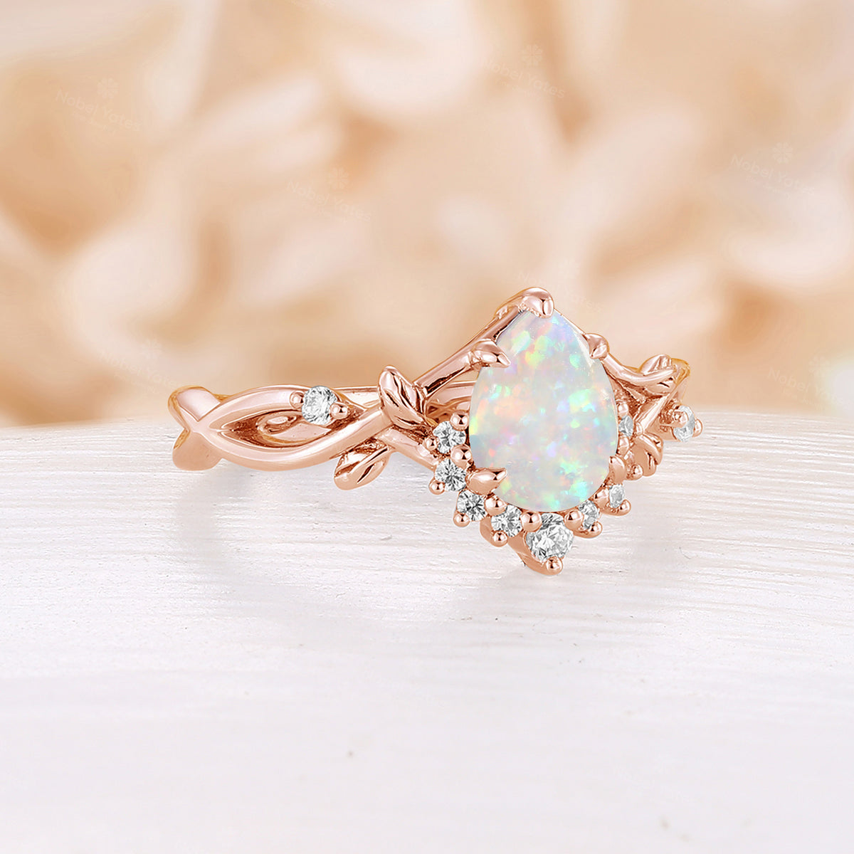 Pear White Opal Nature Inspired Rose Gold Engagement Ring Twist Band