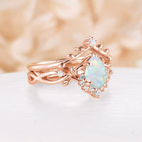 All White Opal Pear Cut Engagement Ring Set Leaf Nature Inspired