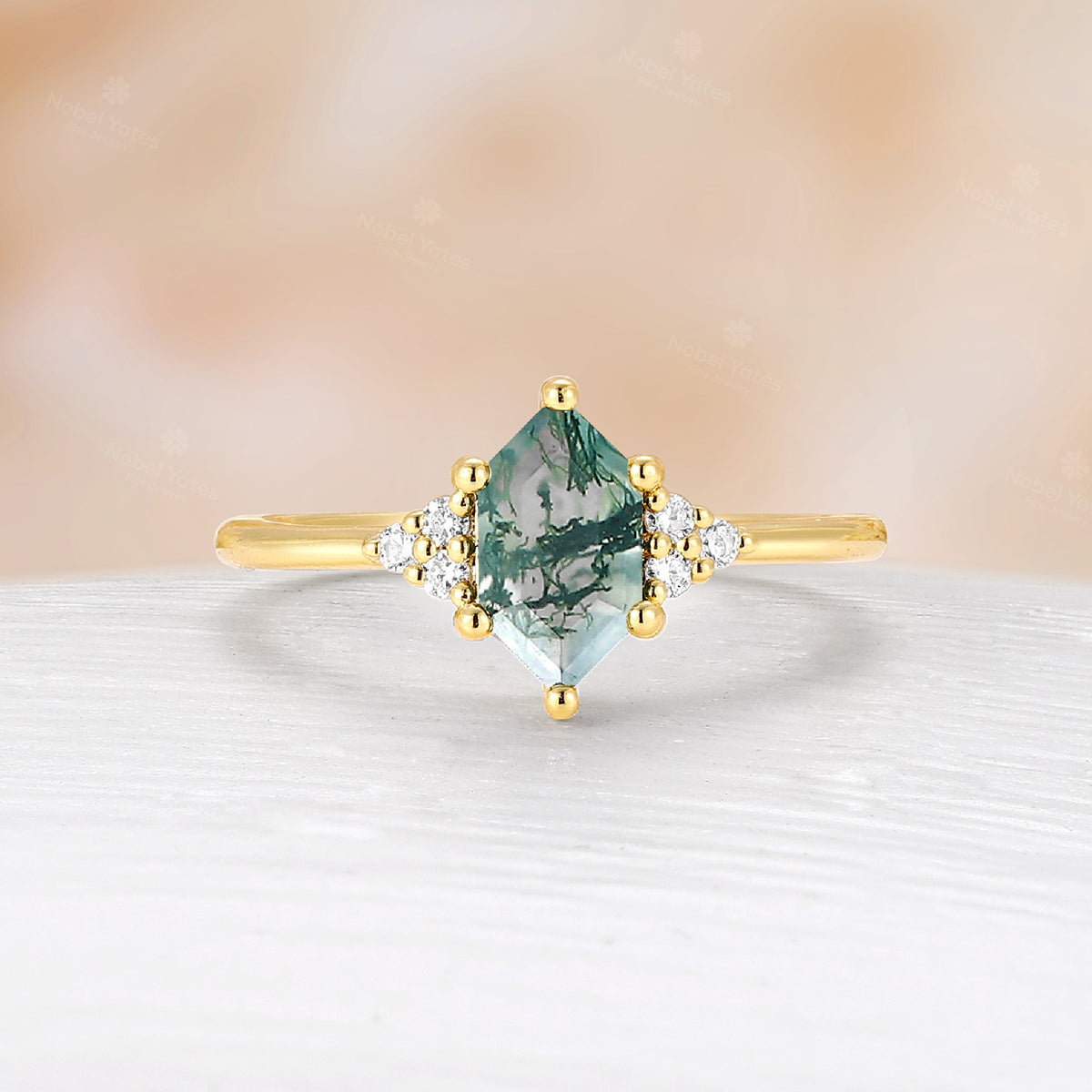 Hexagon Shape Moss Agate Engagement Ring Moissanite Cluster