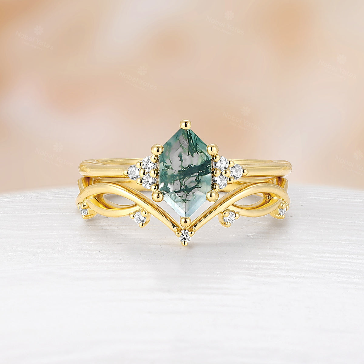 Moss Agate Hexagon Shape Cluster Engagement Ring Set Yellow Gold Matching Band