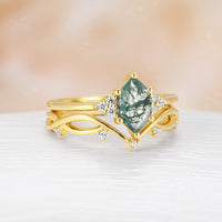 Moss Agate Hexagon Shape Cluster Engagement Ring Set Yellow Gold Matching Band