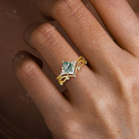 Moss Agate Hexagon Shape Cluster Engagement Ring Set Yellow Gold Matching Band