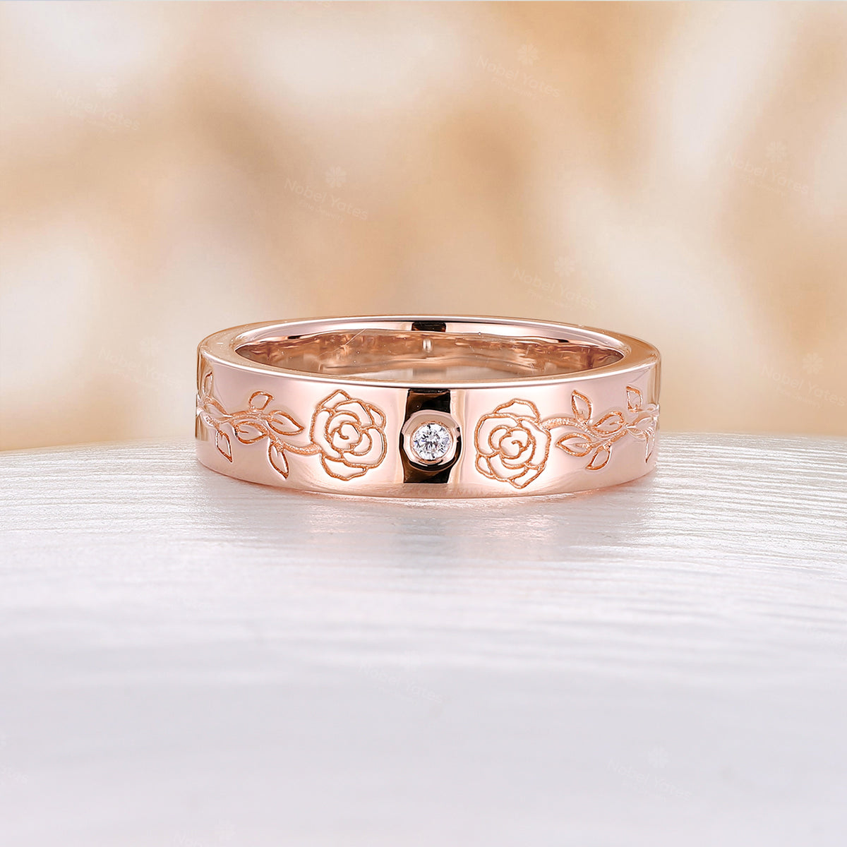 Nature Engrave Foral Rose Gold Band Moissanite Straight Band