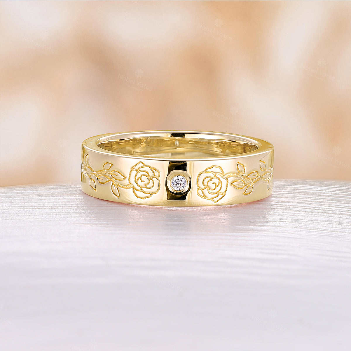 Nature Engrave Foral Rose Gold Band Moissanite Straight Band