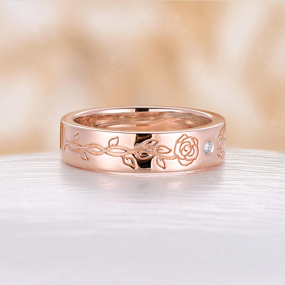 Nature Engrave Foral Rose Gold Band Moissanite Straight Band