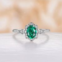 Vintage Oval Cut Lab Emerald Foral Milgrain Engagement Ring Rose Gold