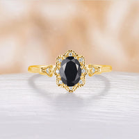 Black Onyx Vintage Oval Cut Foral Milgrain Engagement Ring Rose Gold