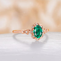 Vintage Oval Cut Lab Emerald Foral Milgrain Engagement Ring Rose Gold