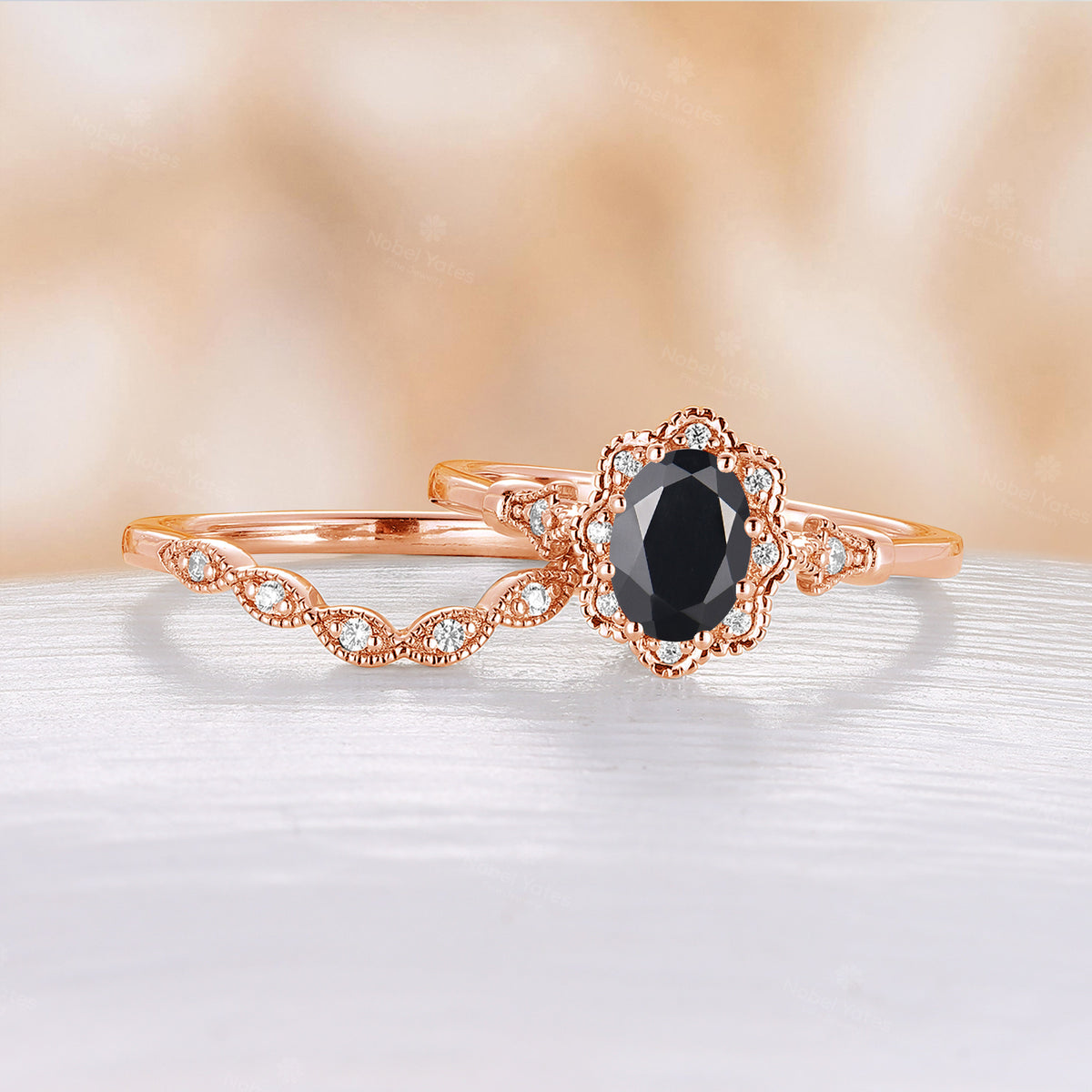 Vintage Black Onyx Milgrain Oval Cut Engagement Ring Set Rose Gold Band