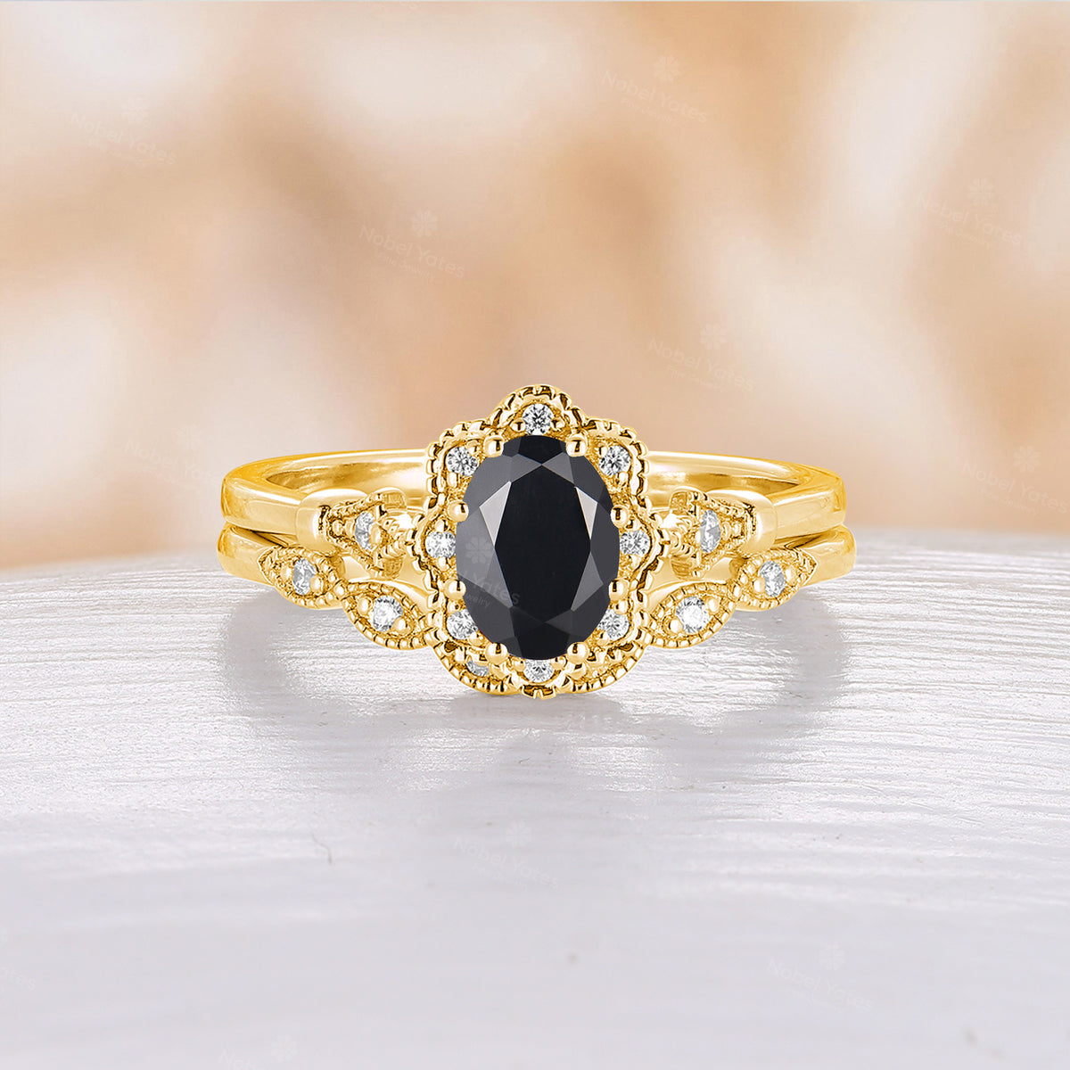 Vintage Black Onyx Milgrain Oval Cut Engagement Ring Set Rose Gold Band