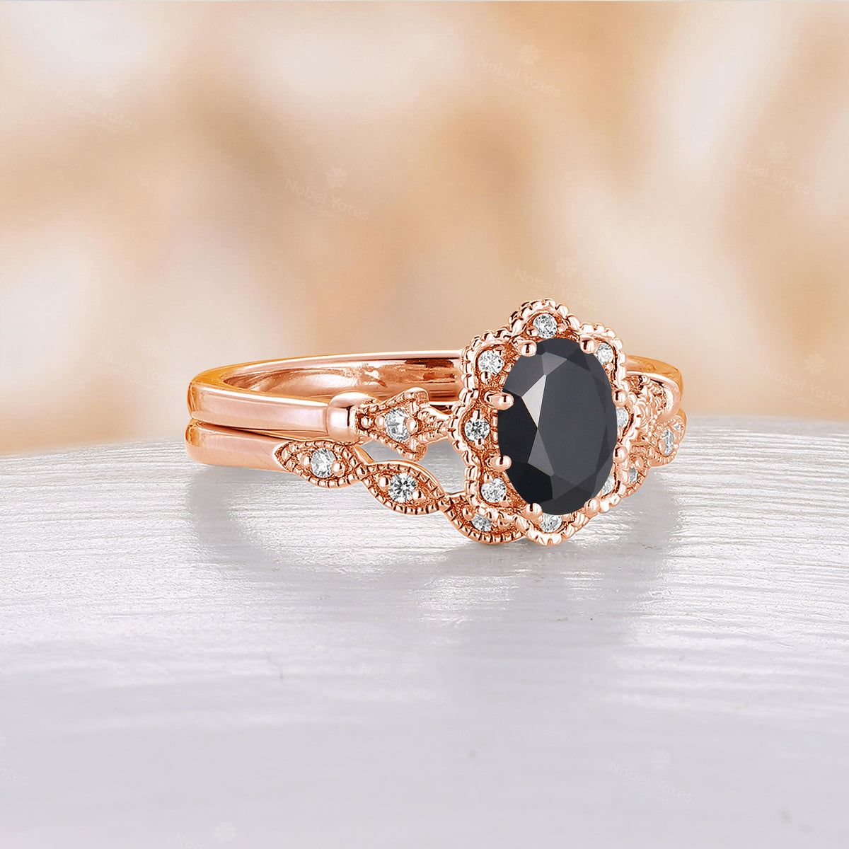 Vintage Black Onyx Milgrain Oval Cut Engagement Ring Set Rose Gold Band