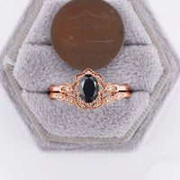 Vintage Black Onyx Milgrain Oval Cut Engagement Ring Set Rose Gold Band