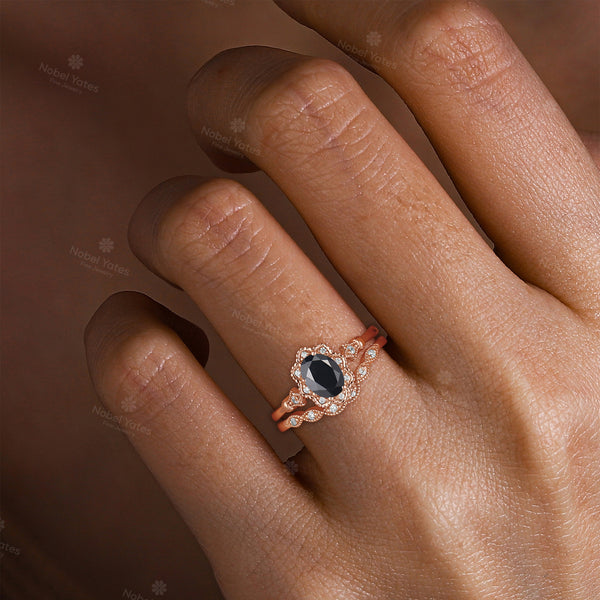 Vintage Black Onyx Milgrain Oval Cut Engagement Ring Set Rose Gold Band