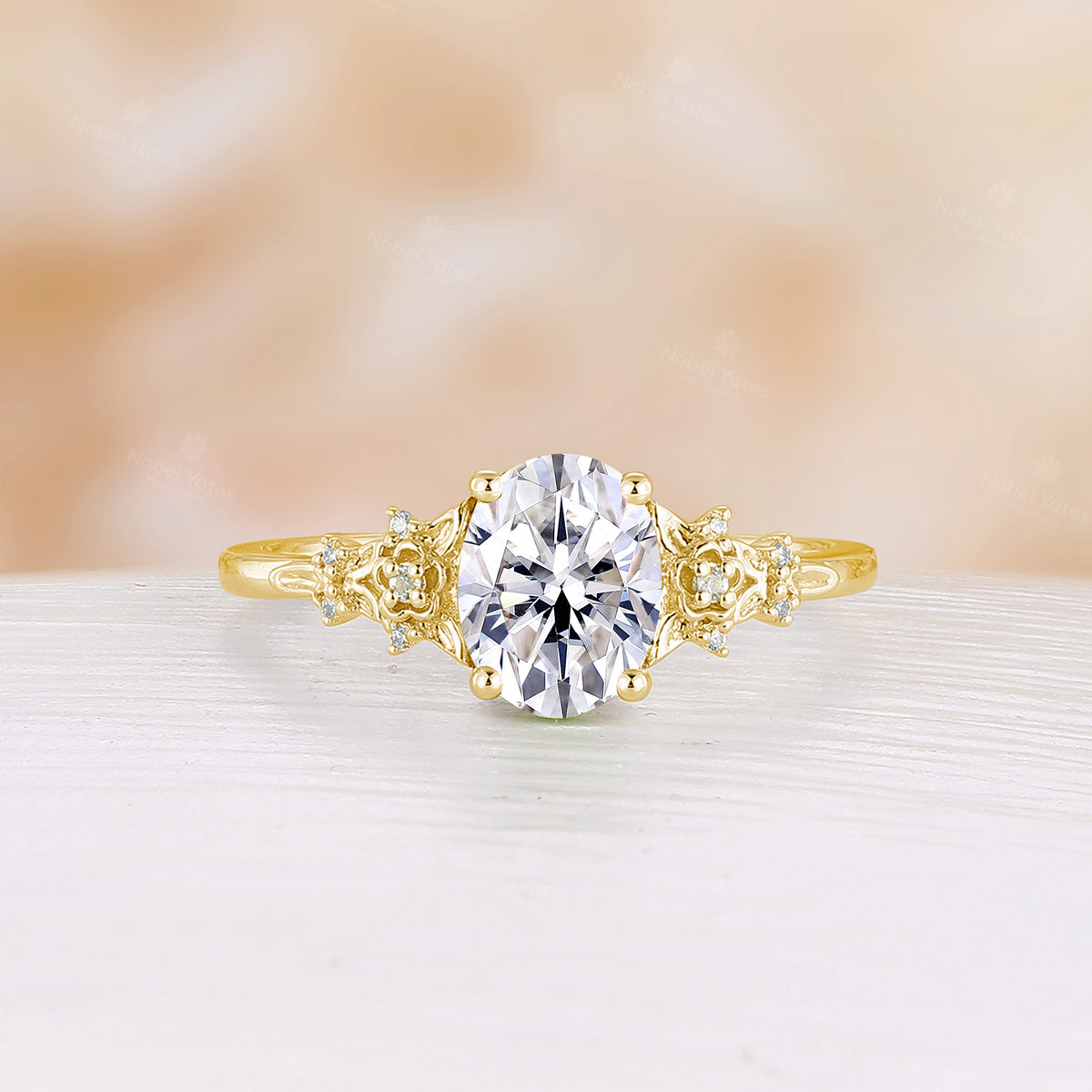 Oval Cut Moissanite Nature Inspired Foral Engagement Ring Rose Gold Side Stone