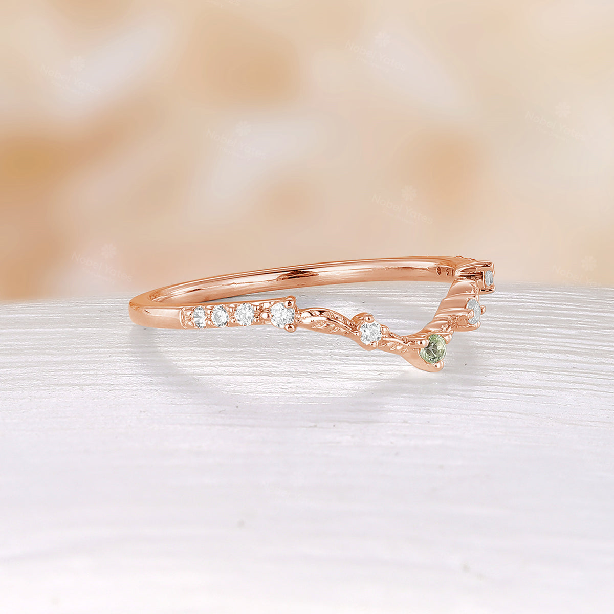 Nature Inspired Peridot Leaf Rose Gold Curved Matching Wedding Band