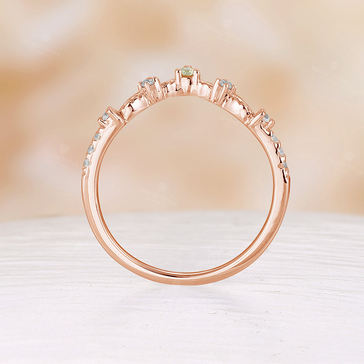 Nature Inspired Peridot Leaf Rose Gold Curved Matching Wedding Band