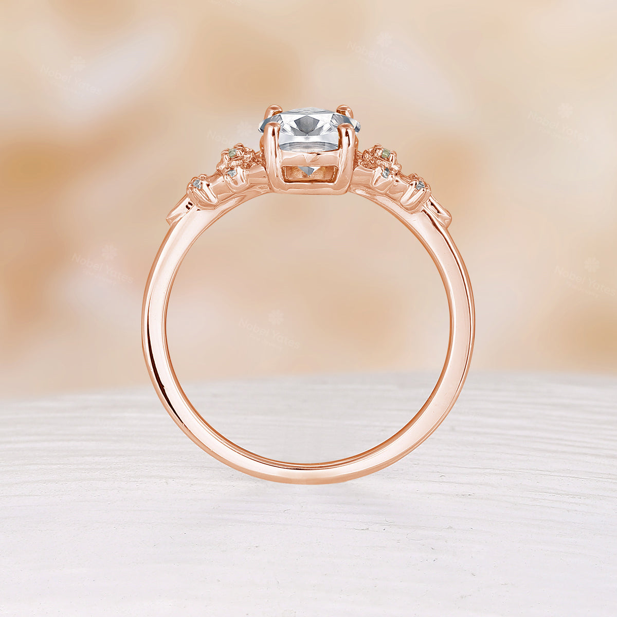 Oval Cut Moissanite Nature Inspired Foral Engagement Ring Rose Gold Side Stone