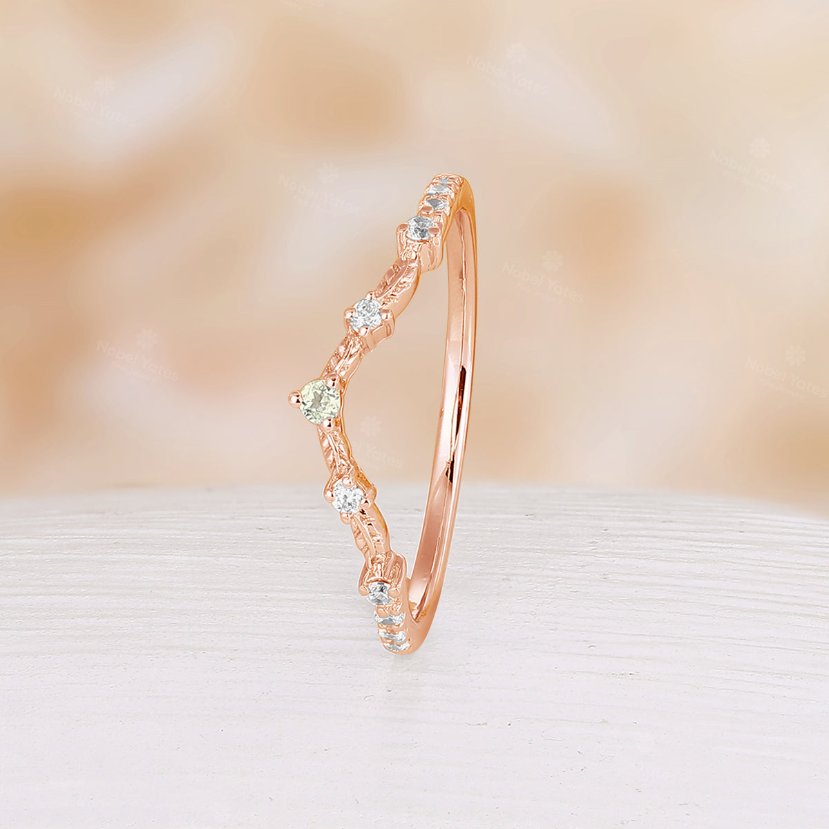 Nature Inspired Peridot Leaf Rose Gold Curved Matching Wedding Band