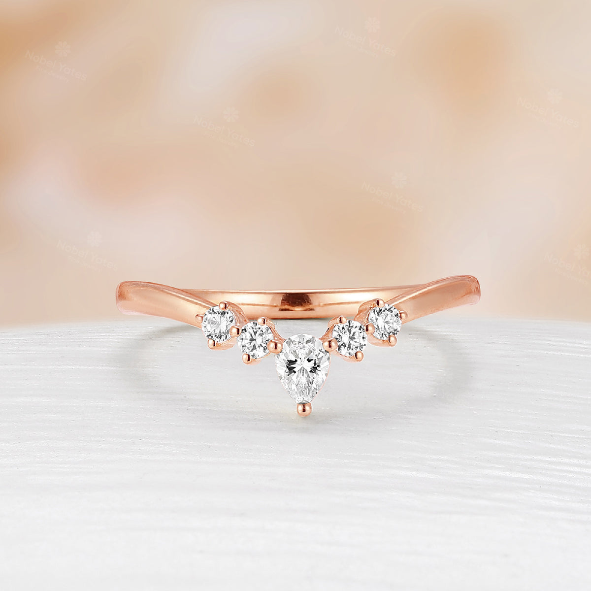 Rose Gold Pear & Round Moissanite Curved Stacking Matching Wedding Band