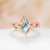 Kite Shape Moss Agate Nature Inspired Engagement Ring Set Matching Curved Band