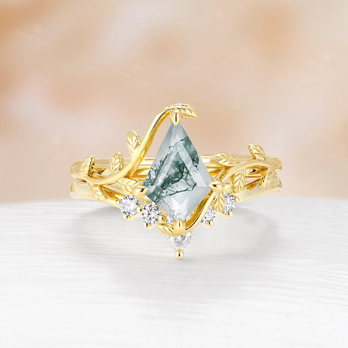 Kite Shape Moss Agate Nature Inspired Engagement Ring Set Matching Curved Band