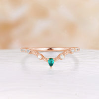 Lab Emerald Nature Inspired Curved Wedding Band Rose Gold Matching Leaf Band