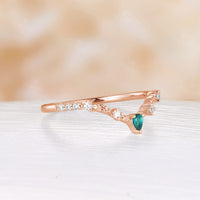 Lab Emerald Nature Inspired Curved Wedding Band Rose Gold Matching Leaf Band