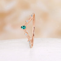 Lab Emerald Nature Inspired Curved Wedding Band Rose Gold Matching Leaf Band