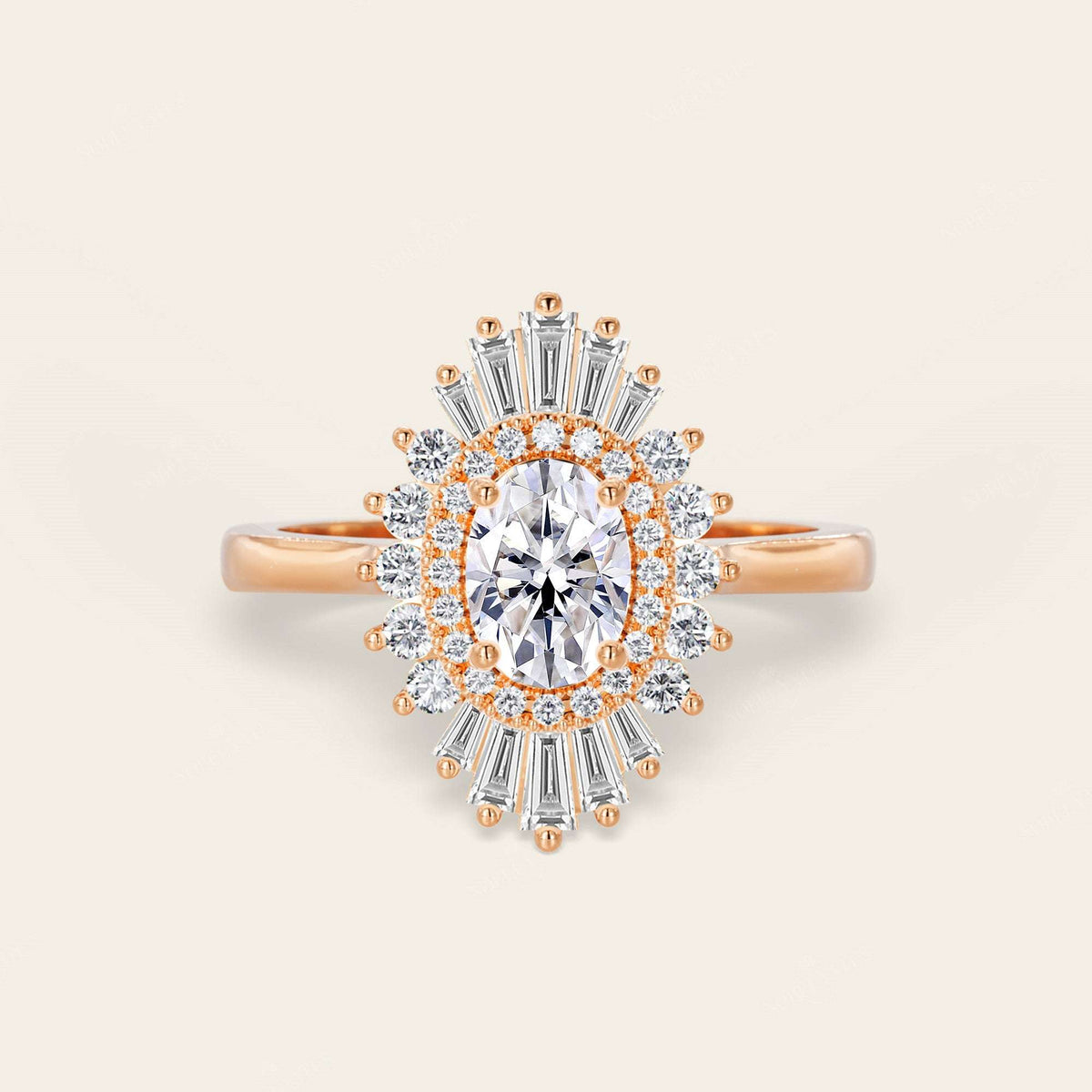 Oval Lab Grown Diamond Starburst Art Deco Halo Engagement Ring-Nobel Yates