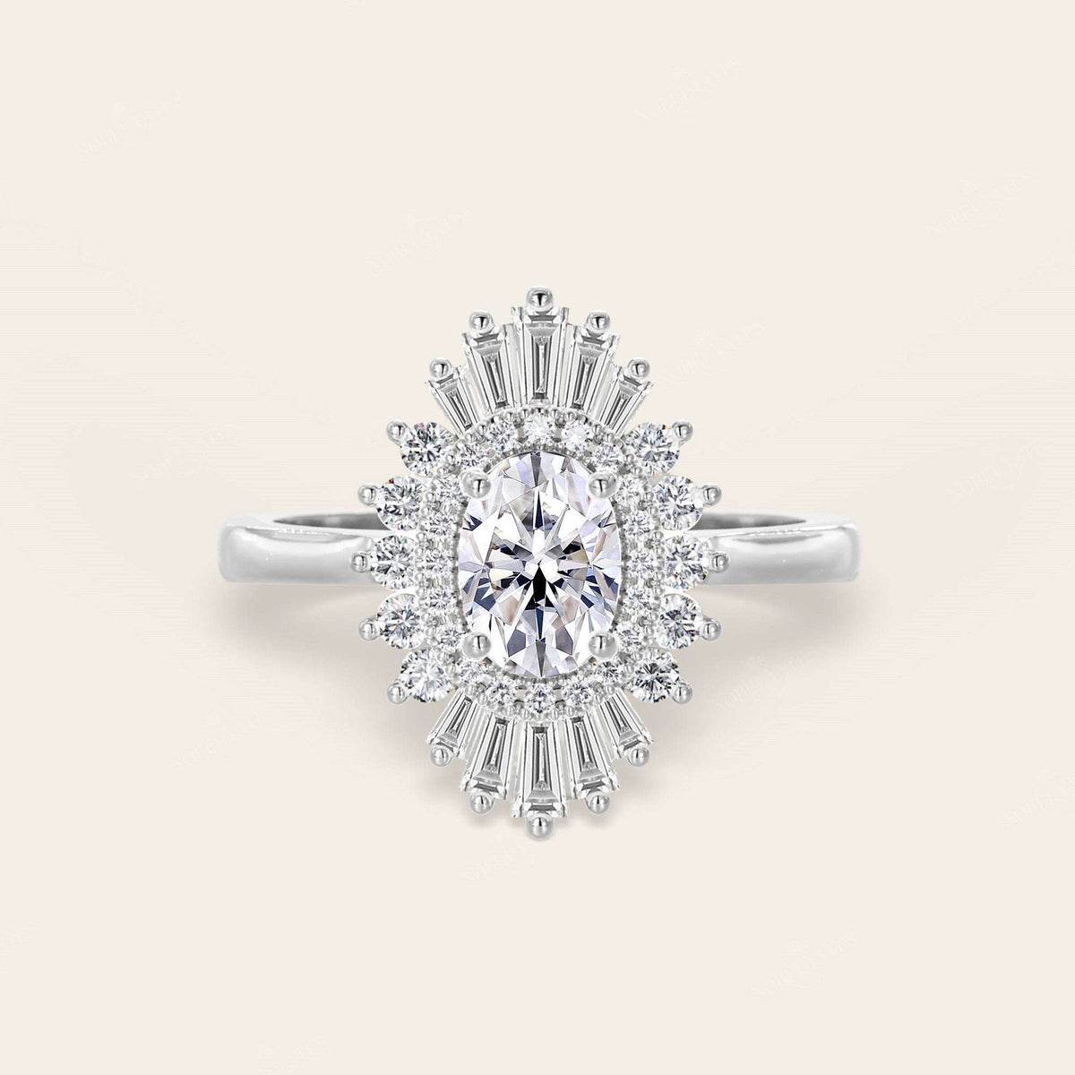 Oval Lab Grown Diamond Starburst Art Deco Halo Engagement Ring-Nobel Yates