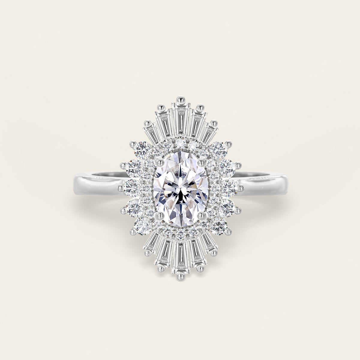 Oval Lab Grown Diamond Starburst Art Deco Halo Engagement Ring