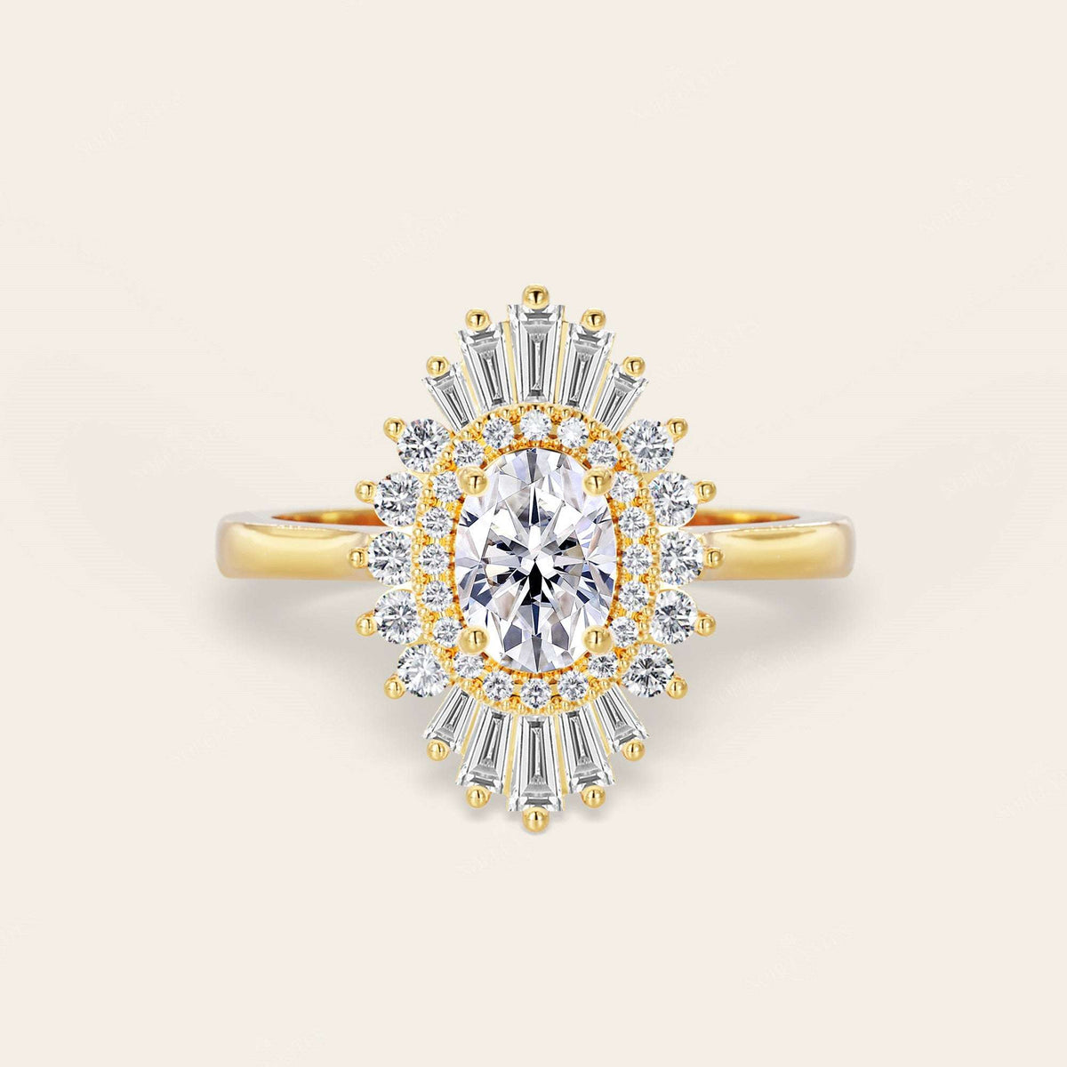Oval Lab Grown Diamond Starburst Art Deco Halo Engagement Ring-Nobel Yates
