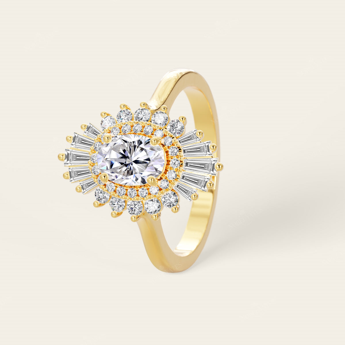 Oval Lab Grown Diamond Starburst Art Deco Halo Engagement Ring