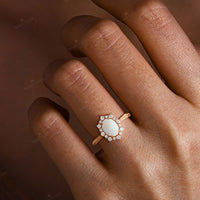 Oval White Opal Lab Diamond Halo Engagement Ring