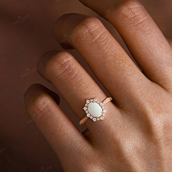 Oval White Opal Lab Diamond Halo Engagement Ring