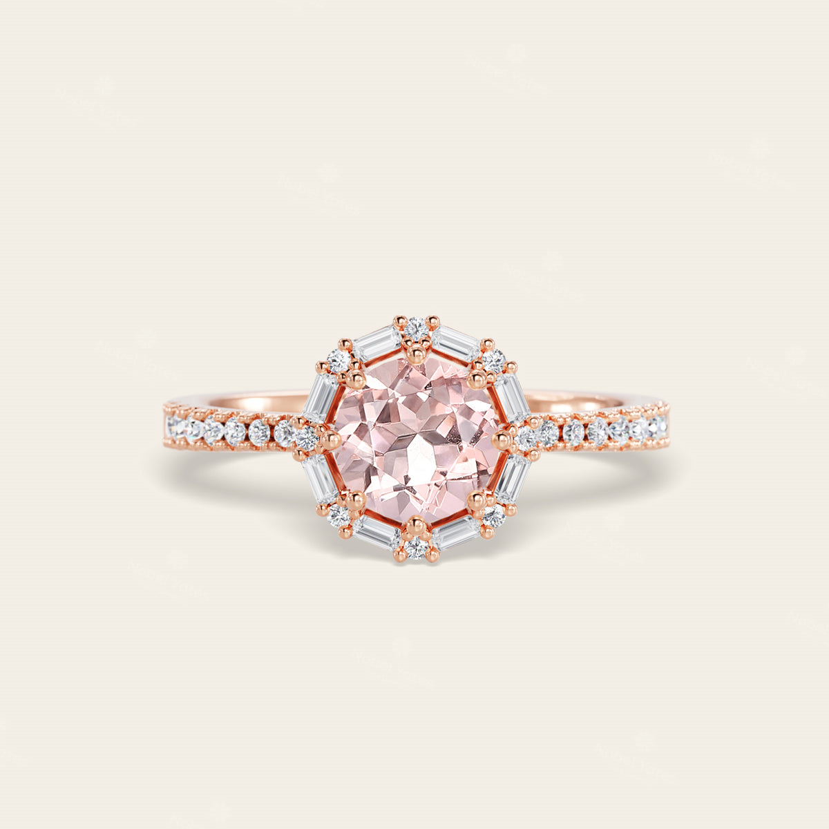 Art Deco Round Pink Morganite Baguette Lab Diamond Halo Ring