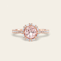 Art Deco Round Pink Morganite Baguette Lab Diamond Halo Ring