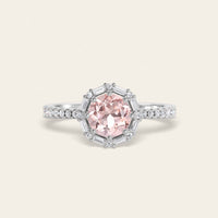 Art Deco Round Pink Morganite Baguette Lab Diamond Halo Ring