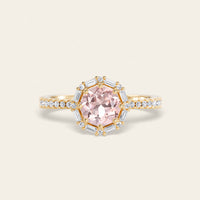 Art Deco Round Pink Morganite Baguette Lab Diamond Halo Ring