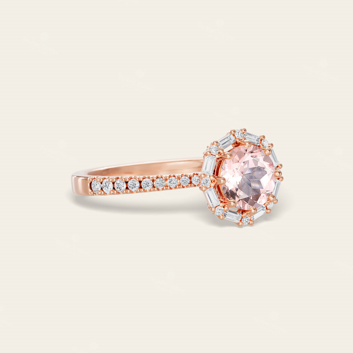 Art Deco Round Pink Morganite Baguette Lab Diamond Halo Ring