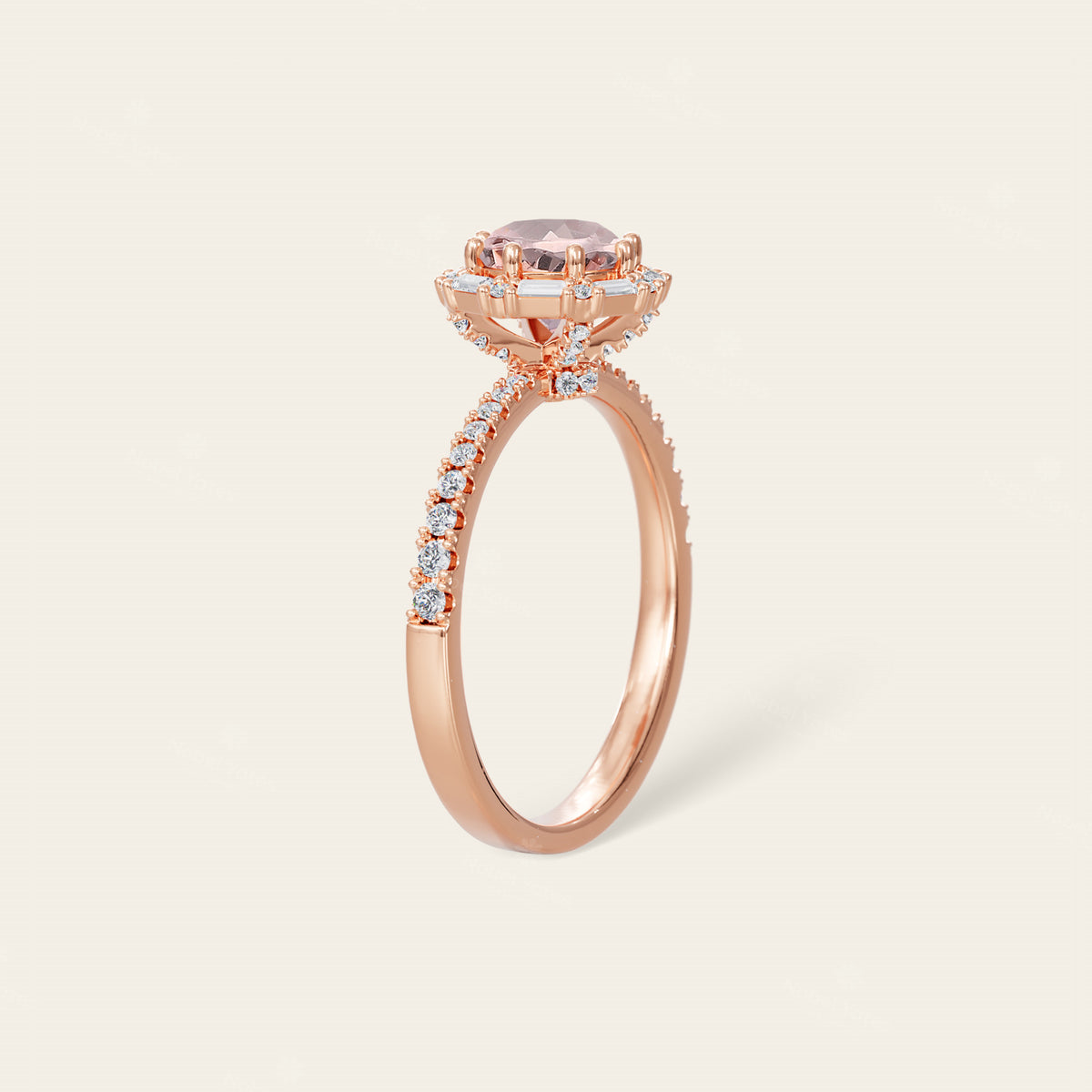 Art Deco Round Pink Morganite Baguette Lab Diamond Halo Ring