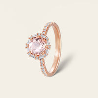 Art Deco Round Pink Morganite Baguette Lab Diamond Halo Ring