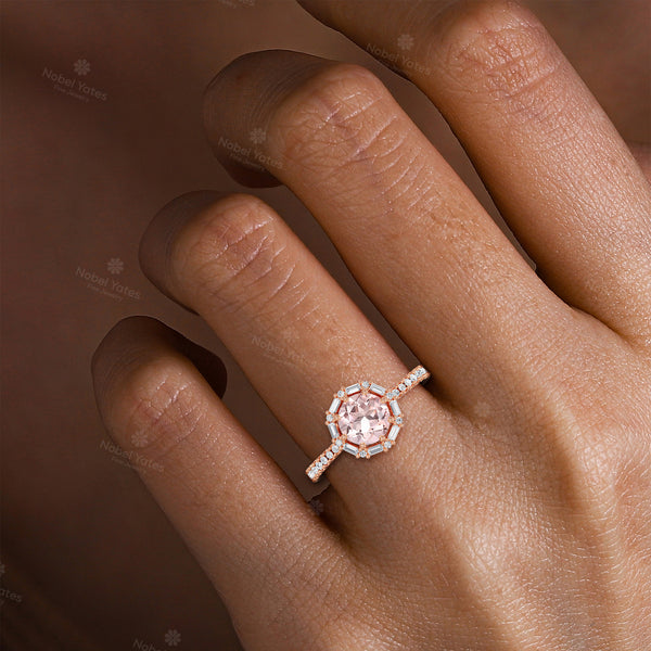 Art Deco Round Pink Morganite Baguette Lab Diamond Halo Ring