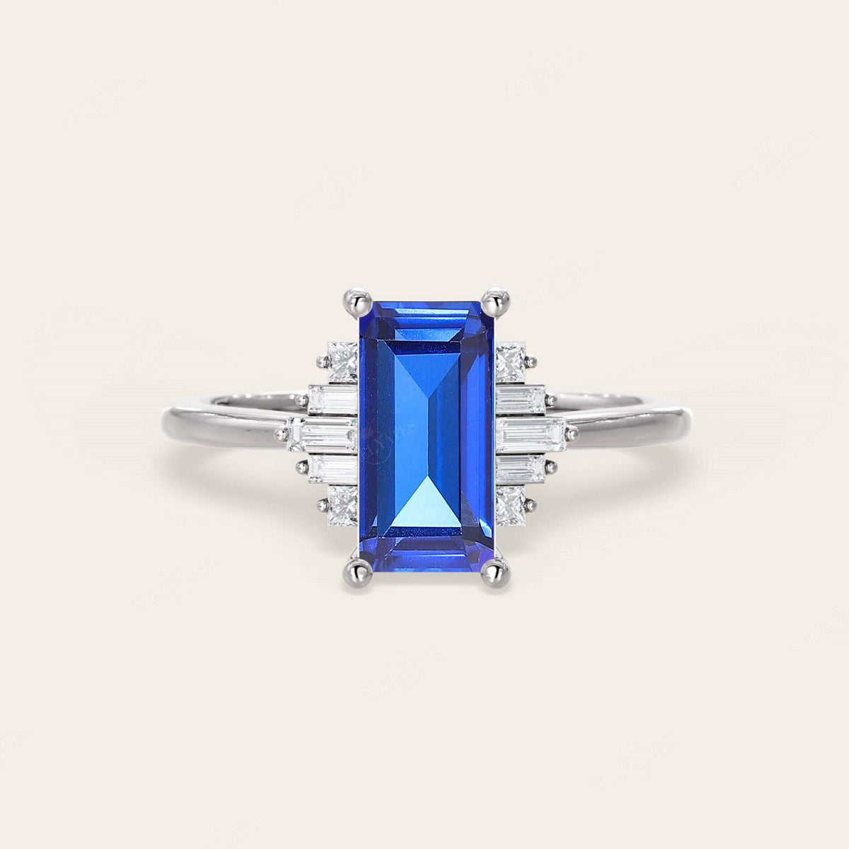 Baguette Lab Sapphire Art Deco Engagement Ring Deco Steps-Nobel Yates