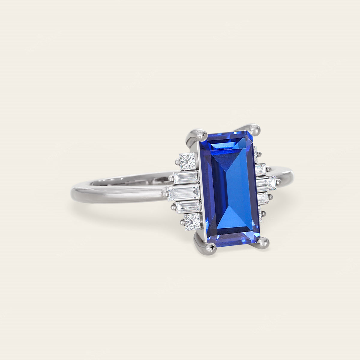 Baguette Lab Sapphire Art Deco Engagement Ring Deco Steps